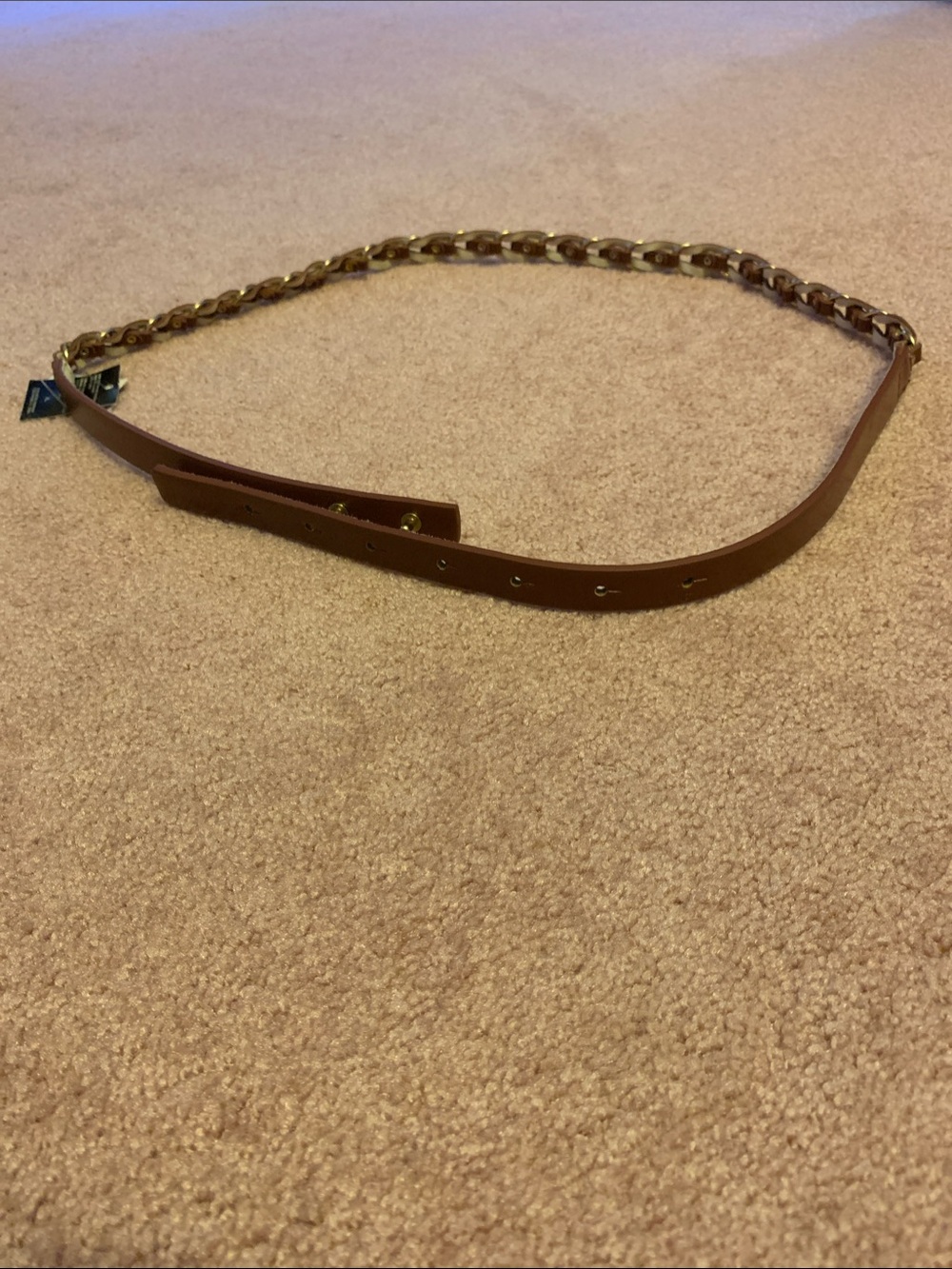 White House Black Market Brown Leather Belt with Gold Chain Link